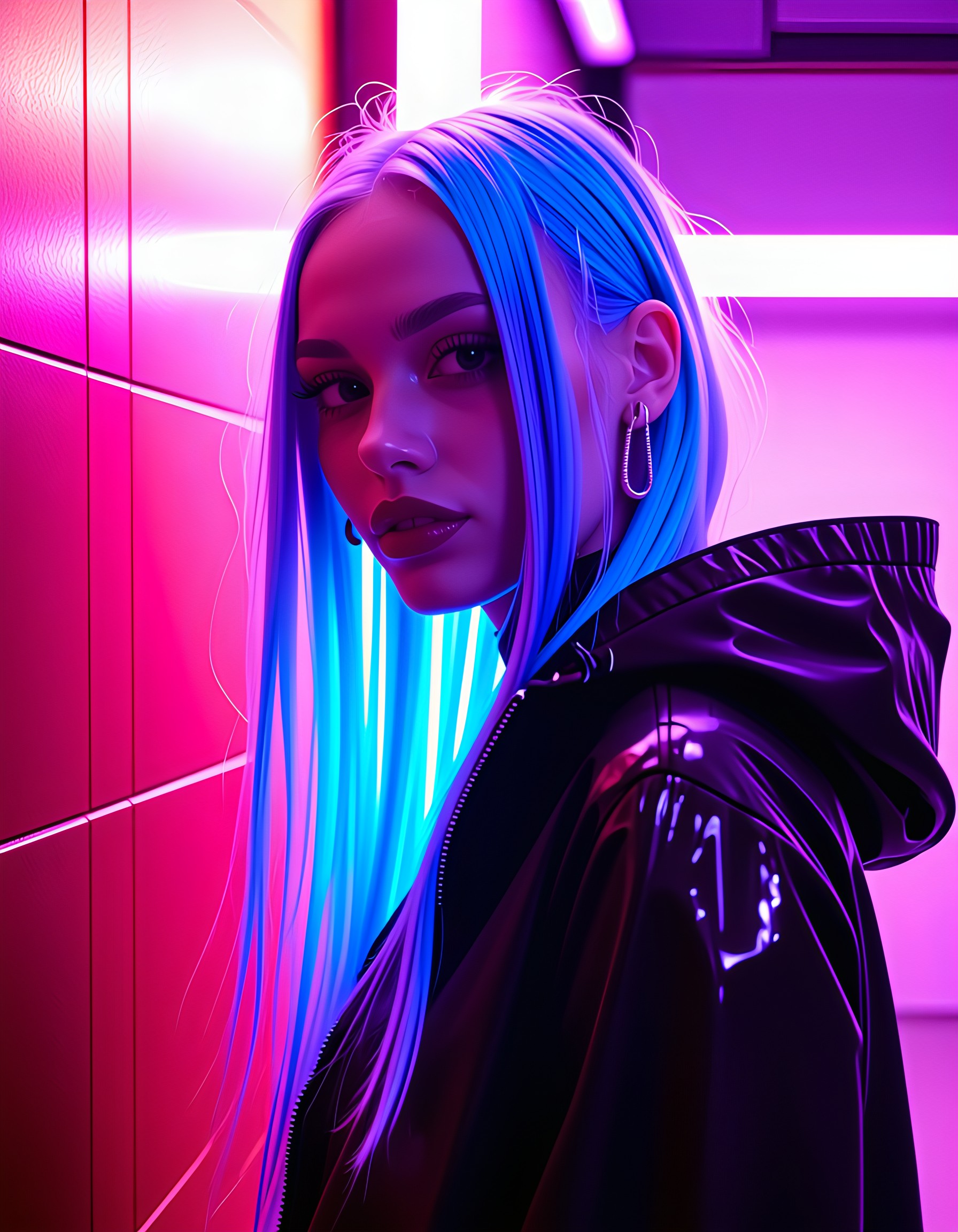 M14L, In a grungy, neon-lit alleyway of a dystopian cyberpunk city, a woman with electric blue hair and piercing eyes adorned in a technicolor, high-tech outfit reminiscent of a futuristic samurai warrior's armor stands defiantly, her full lips curled into a smirk that hints at both confidence and wry humor. The camera captures her close-up profile, the neon lights reflecting off her shimmering attire, casting an eerie glow on her sharply defined features as she gazes directly at the viewer with a challenging yet alluring expression, her long, flowing hair cascading down her back like a waterfall of iridescent silk. The image is rendered in hyperrealistic detail, capturing every curve and crease in the woman's form, as if she has stepped out of a viral internet meme to challenge the viewer with a bold statement of rebellion and defiance.