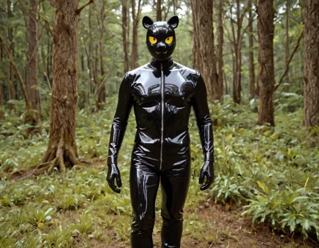 a hybrid human galago animal wearing a latex costume, in a forest where the trees have latex trunks