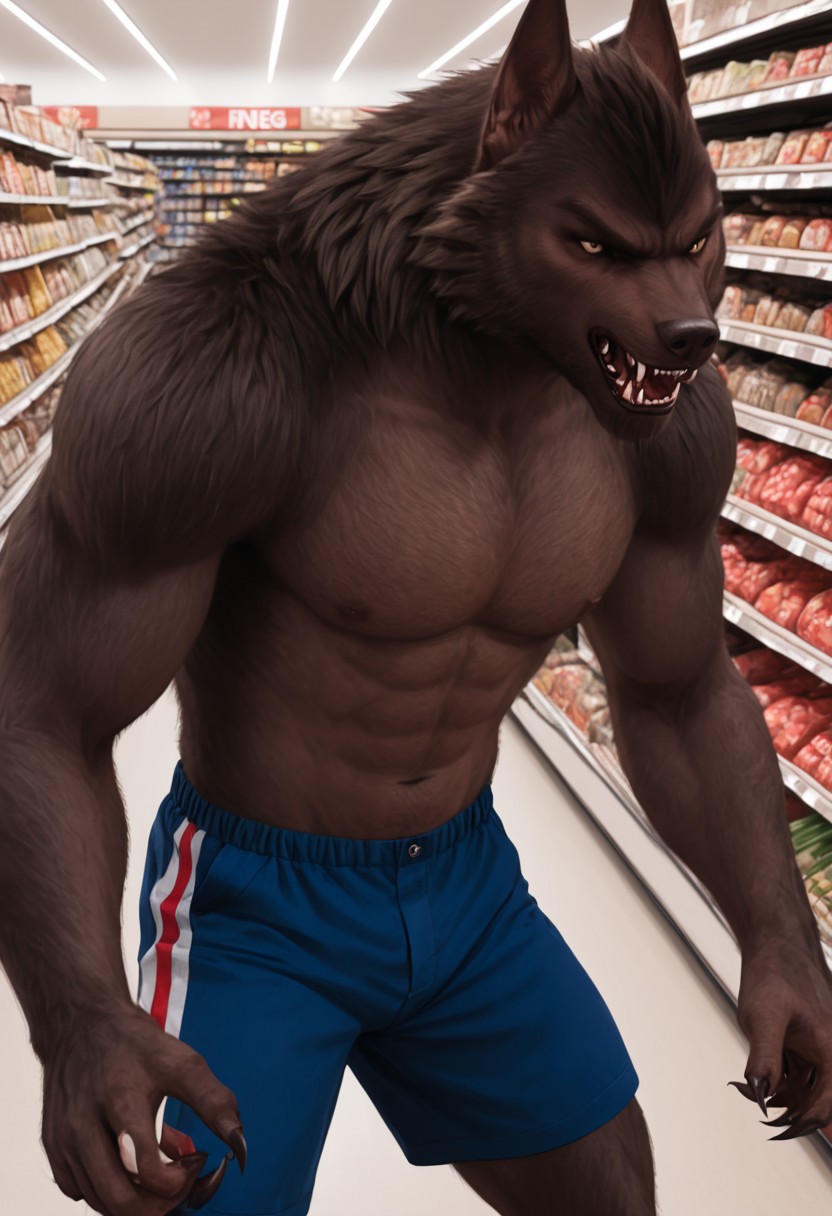 werewolf, werewolf of fever swamp, blue shorts, white and red stripes, claws, hand, fcNeg, front view, facing you, toe_claws, snarling, in a supermarket aisle, closeup