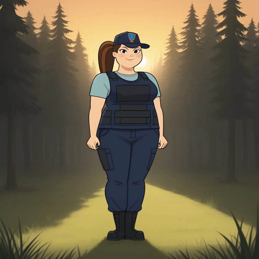 score_9, score_8, BREAK, body armor, 1girl, skyblue undershirt, dark blue cargo pants, boots, plump, chubby, chubby female, brown hair, ponytail, black eyes, cap with a symbol, blush, breasts, total drama, MacArthur_(\Total_Drama\), tdtrr, cute, sexy pose, smile, outdoors, sunlight, shadows, evening lighting, natural lighting, forest, trees, grass, orange sky, sunset