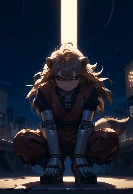score_9, score_8_up, score_7_up, (best quality:1.1), ultra-detailed, high resolution, 8K, Metal Raccoon, robot, brown beige metal skin, black sclera, red pupils, pointy metal nose, gray claws, smirking, green core, black shoes, fist, battle stance, arms at sides, floating, factory, fluffy raccoon tail, BREAK outside, Rich, Detailed background, ambient light