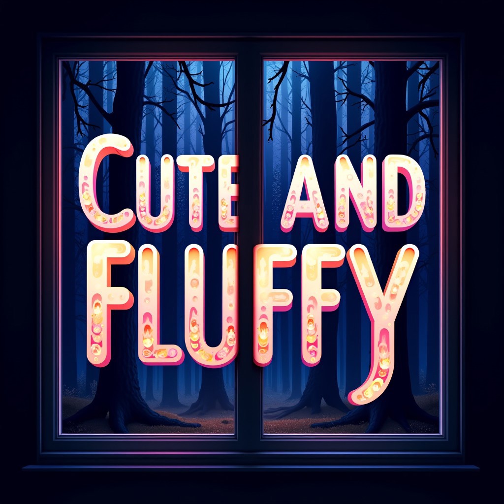 The words, 'Cute and Fluffy,' Overlayed in rainbow fractal style over a window showing the fae forest at night, brilliant and vibrant text focus