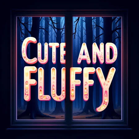 The words, 'Cute and Fluffy,' Overlayed in rainbow fractal style over a window showing the fae forest at night, brilliant and vibrant text focus