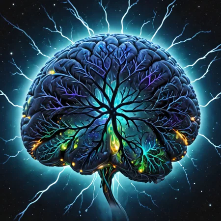 biolumen, detailed human brain, galaxy, night sky, BL4CK3STBL4CK, black_theme, matte_color, flat color