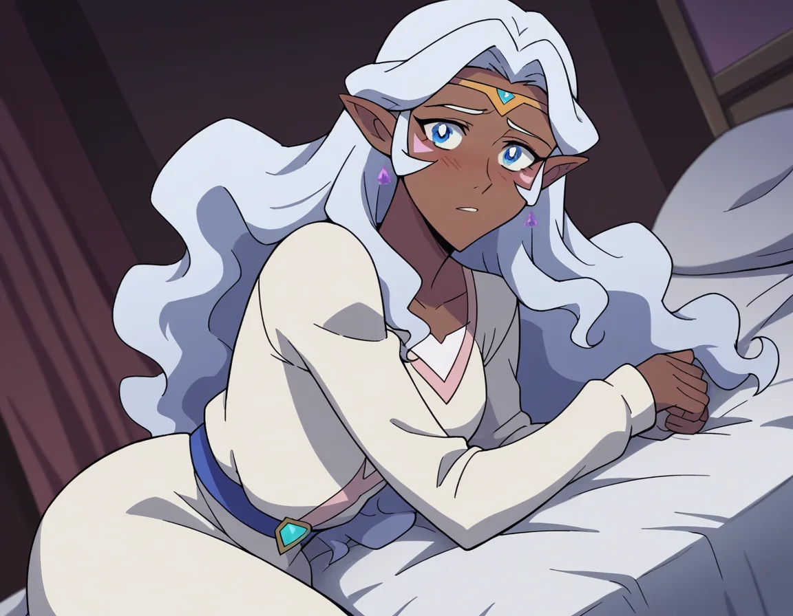 score_9, score_8_up, score_7_up, source_anime,
princessallura, <lora:princess-allura-anime-ponyxl-lora-nochekaiser:1>,
allura, blue eyes, white hair, pointy ears, dark skin, dark-skinned female, facial mark, elf, dark elf,
long hair, wavy hair, cardigan, long sleeves, dress, white dress,
indoors, bed, bed room, on side, blush, drunk,
looking at viewer, cowboy shot, solo, dutch angle,