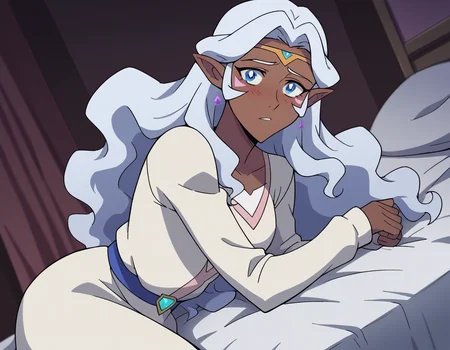 score_9, score_8_up, score_7_up, source_anime,
princessallura, <lora:princess-allura-anime-ponyxl-lora-nochekaiser:1>,
allura, blue eyes, white hair, pointy ears, dark skin, dark-skinned female, facial mark, elf, dark elf,
long hair, wavy hair, cardigan, long sleeves, dress, white dress,
indoors, bed, bed room, on side, blush, drunk,
looking at viewer, cowboy shot, solo, dutch angle,