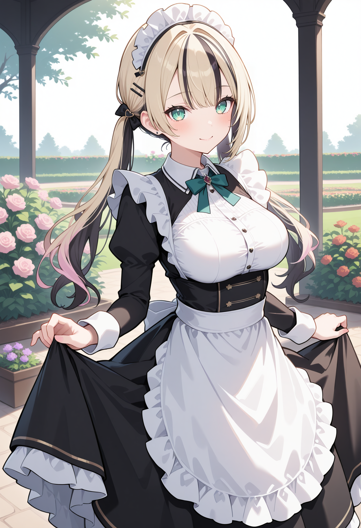 noah6, long hair, blonde hair, streaked hair, twintails, hairclip, hair ornament, green eyes, breasts, <lora:kurumi_noah_ilxl_v1:0.9>, maid, maid headdress, apron, black dress, skirt hold, smile, garden, standing,
ultra-detailed, masterpiece, newest, best quality