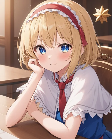 alice margatroid,1girl, solo, white_capelet, blue_dress, red_hairband, looking_at_viewer, smile, indoors, closed_mouth, blush, upper_body, red_necktie, sitting, hand_on_own_face, lolita_hairband, blurry, table
<lora:alice_margatroid_image3379_2023-12-11-000006:1>,star-shaped_pupils,symbol-shaped_pupils,. gorgeous,key visual, vibrant, studio anime,award-winning, professional, highly detailed,high budget, cinemascope