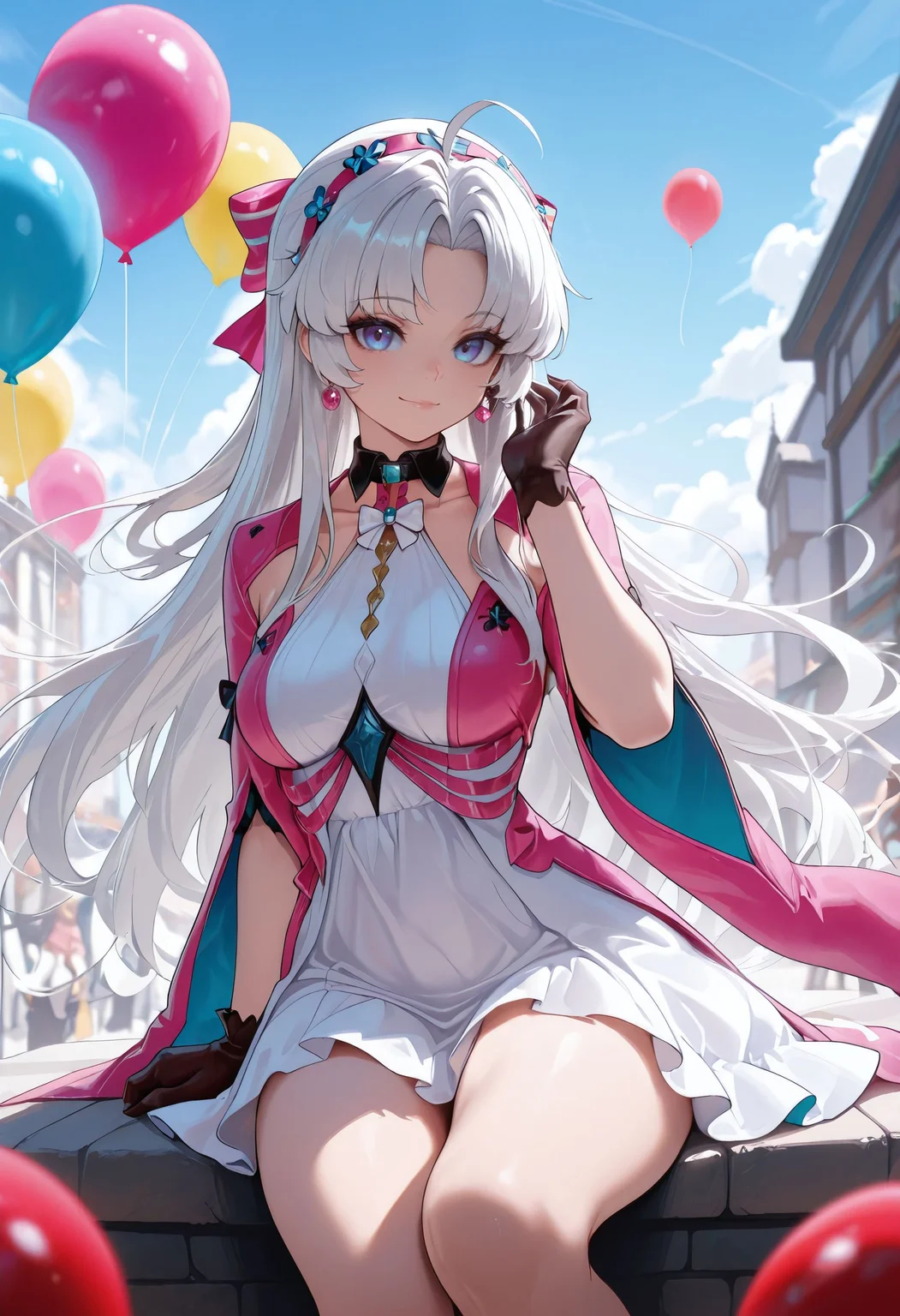 masterpiece,best quality,amazing quality,<lora:carlotta_wuwa_ilxl_goofy:1> carlottaWuwa, 1girl,solo, ahoge, balloon, black collar, black gloves, blue eyes, blue sky, bow, breasts, closed mouth, collar, day, dress, earrings, gloves, hair bow, hair ornament, hand up,hairband, jewelry, long hair, looking at viewer, medium breasts, outdoors, parted bangs, pink bow, pink jacket, purple eyes, sitting, sky, smile, solo focus, striped bow, thighs, very long hair, white dress, white hair, wind