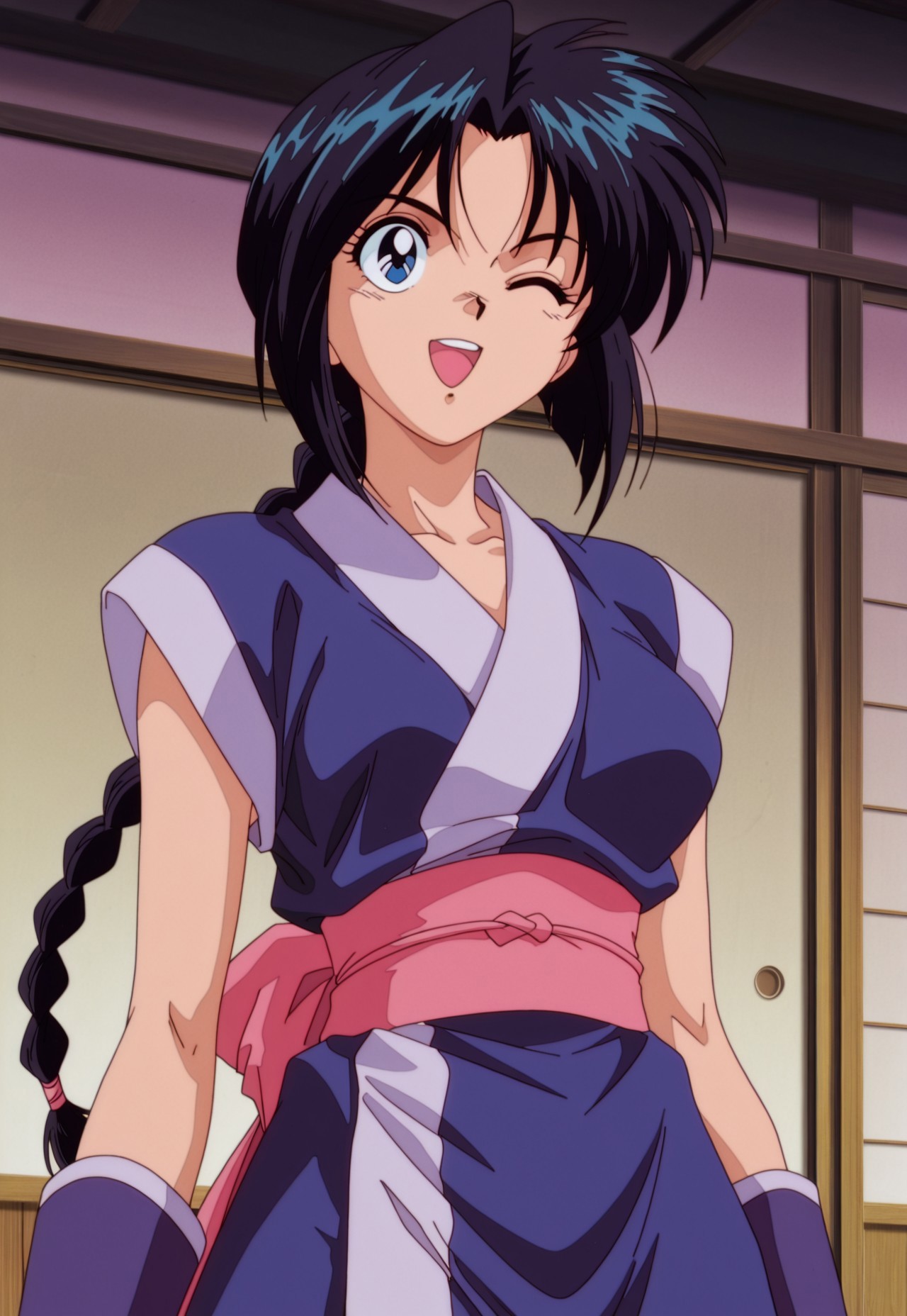 masterpiece, best quality, amazing quality, amazing quality,very aesthetic,absurdres,best quality,newest,masterpiece, breasts, anime screencap, anime artstyle, winking, happy, breasts, anime screencap, anime coloring,safe_pos, safe_pos, score_9, score_8_up, score_7_up,couple, duo, 1girl,  misao makimachi, rurouni kenshin, long braid, braided ponytail, blue eyes, black hair, 1990's artstyle, retro artstyle, kimono, ninja