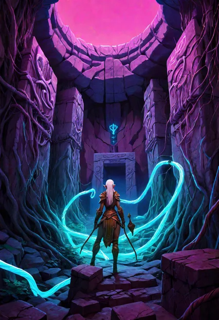 Photorealistic, Octane render, hyper realistic textures, group, a party of beautiful adventurers(beautiful rugged elves and dwarves in revealing armor, muscular, androgynous, stylish) exploring a foreboding dungeon(Twisting cavernou Cyberpunk catacombs, Mayan ruins, tunnels lined with pipe work and wires, sleek computer terminals, drab graffitied concrete illuminated by the soft glow of neon lighting, thick twisting vines and tree roots, masterpiece, sci-fi, dramatic lighting, vaporwave vibe, arcane ruins)