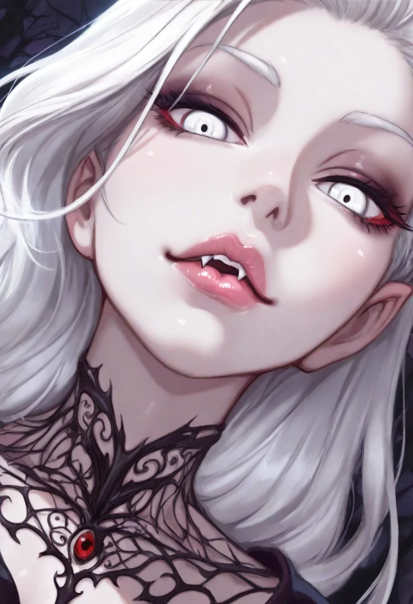 masterpiece, best quality, amazing quality, intricate detail, highly detailed, absurdres, vampire woman,beautiful,she have fangs,white long hair and complete white eyes, dynamic angle, , Detailed lips, wide lips, soft lips, pink lips, glossy lips, lip gloss front view, looking at viewer, dynamic angle, <lora:SmoothStyle_Omega:1>