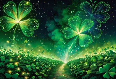 A nighttime sky filled with fireworks bursting into shapes of shimmering green pixies and shamrocks,  magical dust trails, vibrant colors, festive atmosphere, stars twinkling in the background