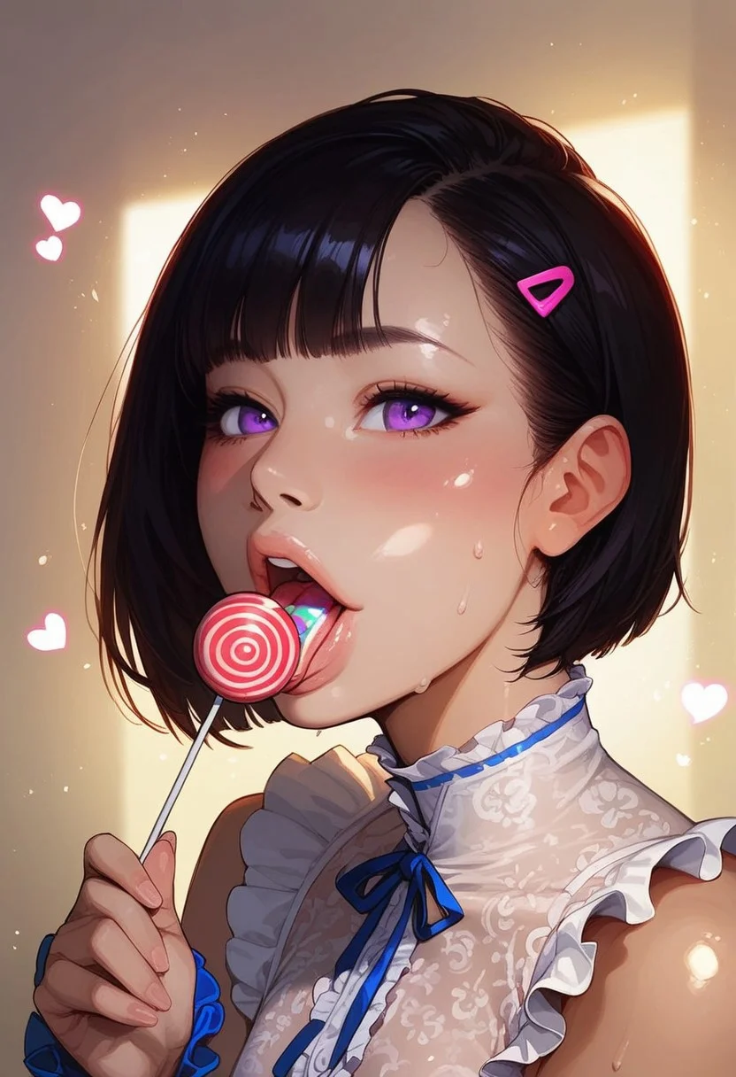 score_9, score_8_up, score_7_up, score_6_up, bokeh, realistic:0.7, asian futa 22 yo, solo, Expressiveh, (((lollipop, candy on tongue))), tongue out, slim figure, flat perky chest, BREAK slightly long face, sexy pink lips, half lips, detailed eyes, purple eyes, black hair, bob cut, thick bang, sweat, BREAK shiny skin, face blushing, shy, hearts, close up shot, (cropped shirt, detached sleeves, frills, frilled sleeves, white shirt, unbuttons), Close-up details, sexy, shiny skin, smart looking, BREAK face and tongue focus, side view,