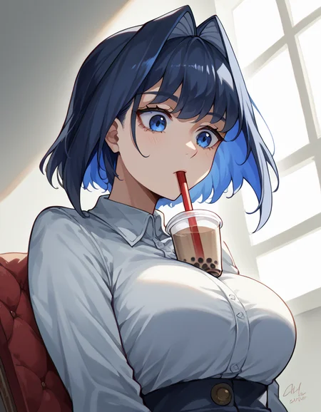 score_9, score_8_up, score_7_up, source_anime, <lora:ouro-kronii-ponyxl-lora-nochekaiser:1>, ouro kronii, blue eyes, blue hair, black hair, bangs, large breasts, short hair, hair intakes, colored inner hair,, <lora:bubble-tea-challenge-ponyxl-lora-nochekaiser:1>, bubble tea challenge, bubble tea, object on breast, drinking straw, drinking straw in mouth, drinking, cup,, indoors, sitting, looking down, , cowboy shot, dutch angle