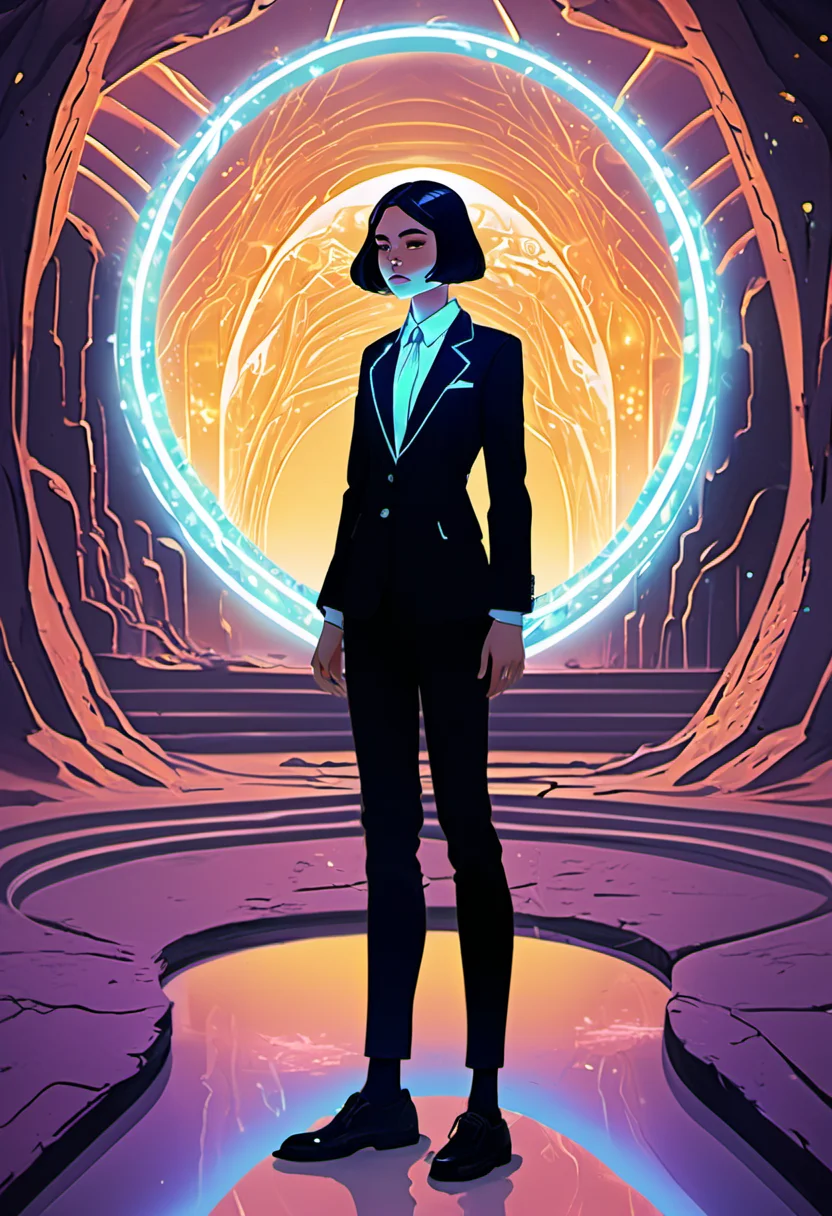 <lora:InfiniteTina:.5>A 18-year-old InfiniteTina stepping through a glowing portal into an alien landscape dressed in a sleek government-issued suit.