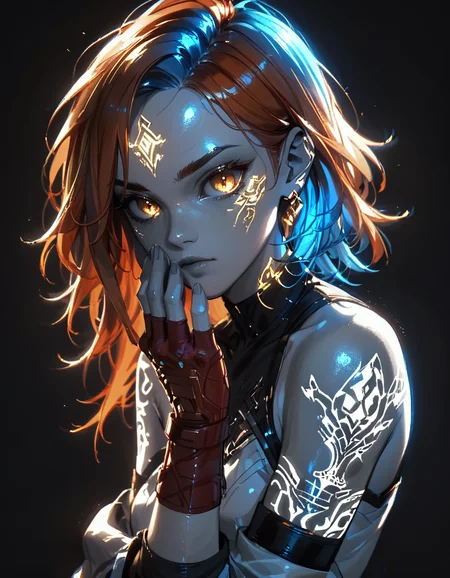 <lora:Style\glowneon_xl_v1:1.0> <lora:SelectiveColoringStyle:0.15> <lora:Concept\g1owingtatt00:1.0> <lora:Slider\lowlight:1.4>, score_9,score_8_up,score_7_up,score_6_up,score_5_up, 1girl, orange hair, blue inner hair, golden eyes, red fingerless gloves, (black background, monochrome, spot color, selective coloring, grayscale skin), glowing tattoo, (luminous), glowneon
