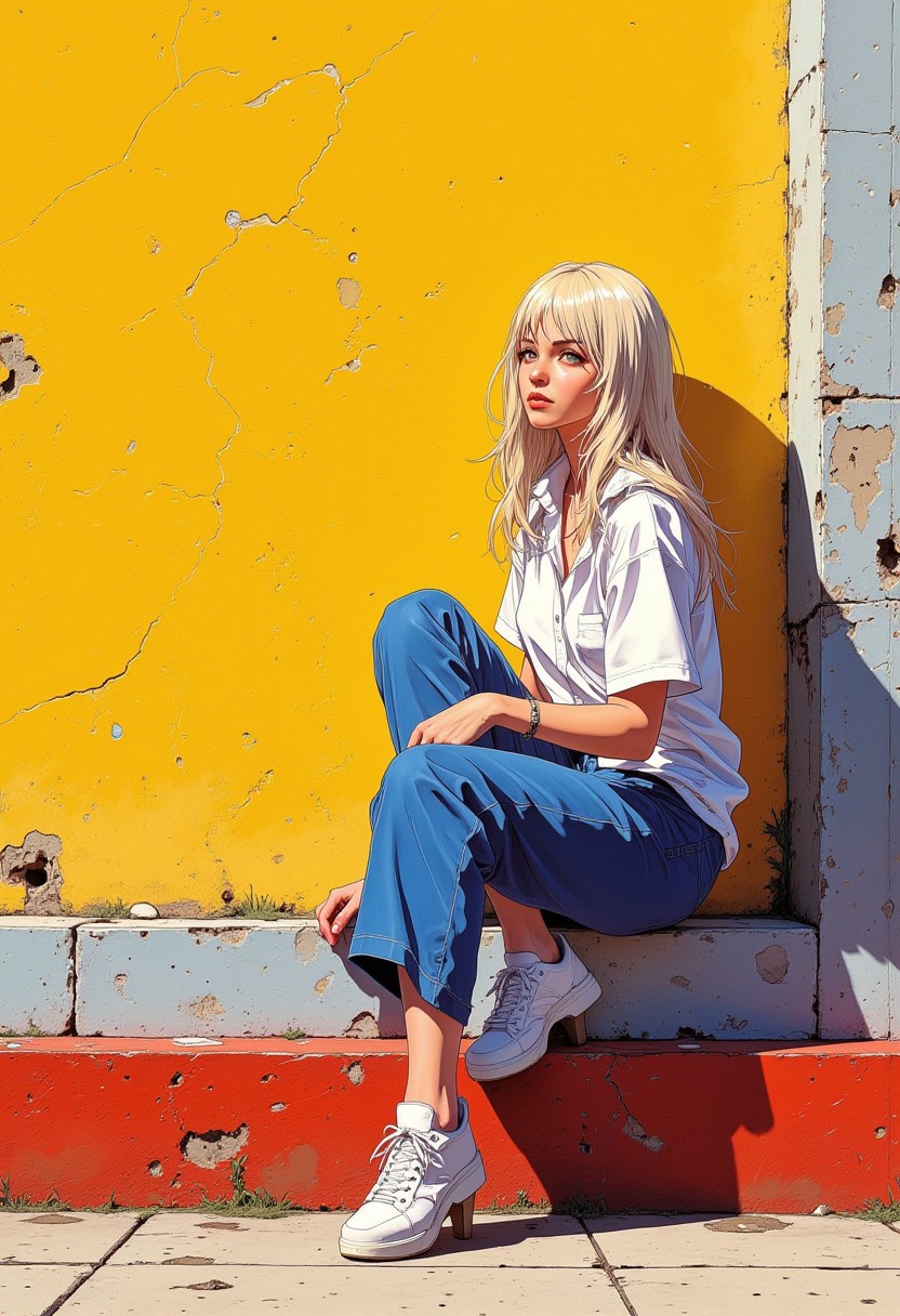 a woman with fair skin and long, straight hair sitting on a concrete ledge against a textured, mustard-yellow wall. she is dressed in a casual, white shirt, blue pants, and white shoes. the lighting is natural and soft, suggesting an outdoor setting in the late afternoon or early evening. the view angle is slightly elevated and to the side, offering a clear view of her profile and the wall behind her. the ledge is painted red with a gray border, contrasting with the warm tones of the wall. the overall mood is serene and contemplative, with a hint of urban charm.
anime, niji, digital painting, realistic, Comic book style