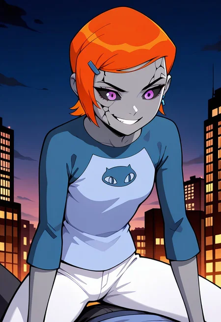 ((screencap, cartoon)) , masterpiece, best quality, amazing quality, very aesthetic, absurdres, newest,
gwenos,, short hair, hairclip, orange hair, 1girl, , earrings, ((solo)),, eye liner, purple eyes
blue shirt, white pants, raglan sleeves, 
black sclera, possession eyes, cracked skin, grey skin, torn clothes, torn clothing, extremely torn clothes, ripped clothes, evil smile, fighting pose, night time, on top of building, ninja pose