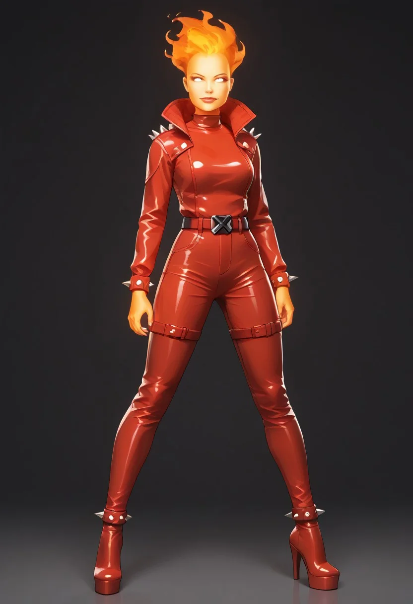 score_9, score_8_up, score_8_up, pin-up pose, red latex bodysuit, , x belt buckle, latex, studded, detailed background, all bright red clothing, red spiked bracelets, belt, red spiked ankle bracelets, high heels, looking at viewer, <lora:FireHuman:1> FireHuman, orange fire, empty eyes, white eyes, 1girl,