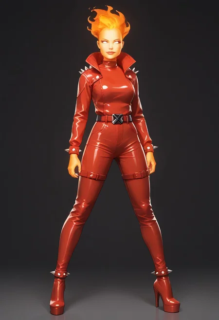 score_9, score_8_up, score_8_up, pin-up pose,  red latex bodysuit, , x belt buckle, latex, studded, detailed background, all bright red clothing, red spiked bracelets, belt, red spiked ankle bracelets, high heels,  looking at viewer, <lora:FireHuman:1> FireHuman, orange fire, empty eyes, white eyes, 1girl,