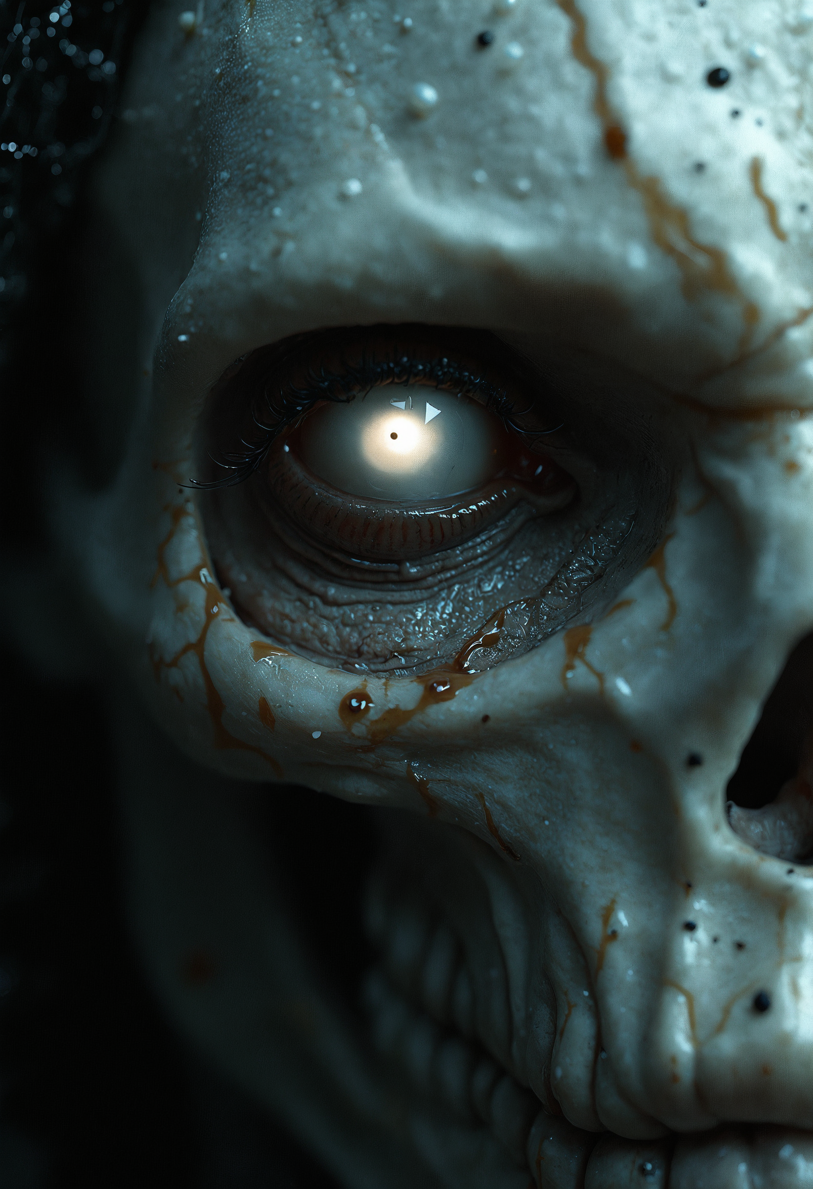 super close up shot of an albino underworld creature, small white zombie eyes, hyper realistic, ultra detailed, translucent oiled skin, black skin
