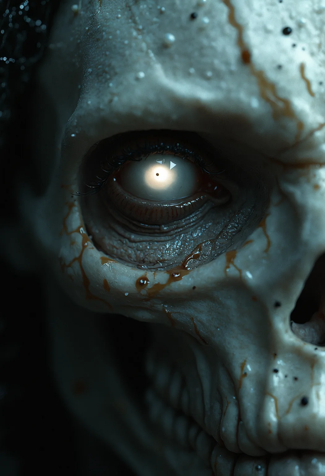 super close up shot of an albino underworld creature, small white zombie eyes, hyper realistic, ultra detailed, translucent oiled skin, black skin