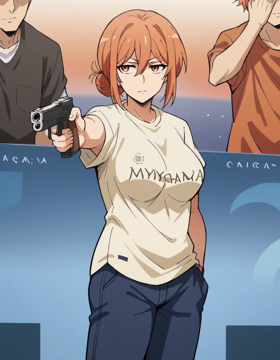 score_9, score_8_up, score_7_up, source_anime, <lora:mother-yuigahama-s2s3-ponyxl-lora-nochekaiser:1>, yuigahamama, hair bun, mature female, orange eyes, orange hair, short hair, single hair bun, hair between eyes, sidelocks, large breasts, <lora:yusuf-dikec-ponyxl-lora-nochekaiser:1> yusuf dikec, yusuf dikec (meme), meme, hand in pocket, handgun, holding gun, gun, shirt, t-shirt, pants, audience,, , cowboy shot,