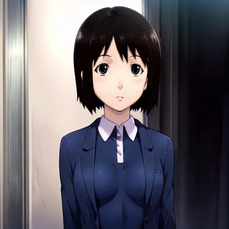((1girl,Nakahara_Misaki,slf, front), upper body, simple back ground, breast, open clothes) ,masterpiece, best quality, high resolution, absurdres, 1girl, nakahara_misaki, brown_eyes, black_hair, short_hair, bob_cut, small_breasts, collared_dress, blue_dress, long_sleeves,
