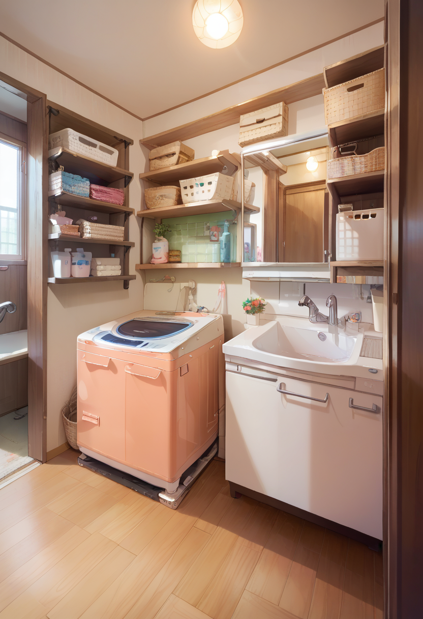 score_9, score_8_up, score_7_up, rating_safe, masterpiece, best quality, absurdres, unity 8k wallpaper, official art, official style, source_anime, uncensored, game cg, megami magazine,
JML2, sink, faucet, scenery, indoors, mirror, door, washing machine, cabinet, shelf, laundry
 <lora:JP_Senmenjyo_PONY_V2:1>