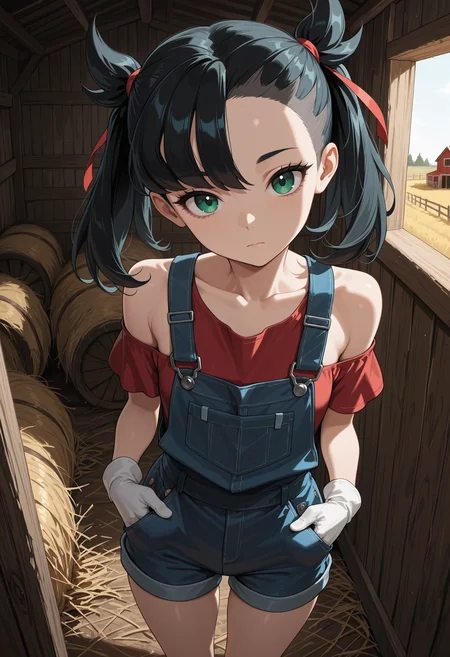 masterpiece, best quality, highres, absurdres, very awa, 1girl, solo, m4rn1edef, medium hair, black hair, asymmetrical bangs, twintails, undercut, overalls, overall shorts, bare shoulders, barn, barn interior, indoors, straw, hands in pockets, head tilt, green eyes, eyelashes, hair ribbon, red ribbon, white gloves, red shirt, from above, looking at viewer, closed mouth