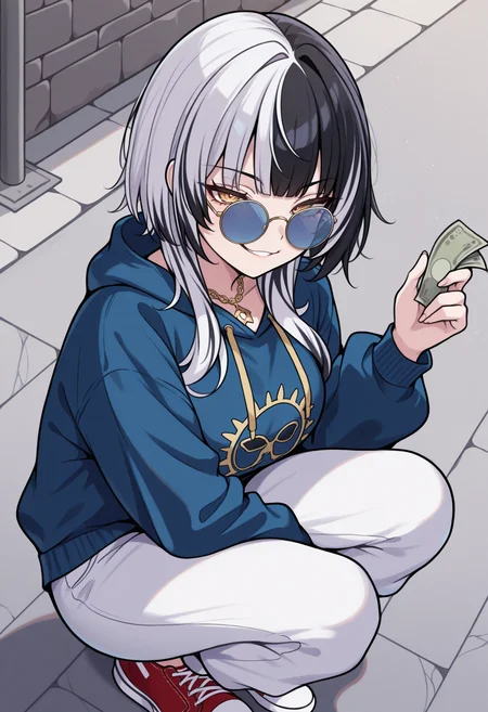masterpiece, best quality, 1girl, solo, Shi0riN0vella, multicolored hair, white hair, black hair, yellow eyes, hair ornament, blue hoodie, gold chain necklace, baggy pants, white pants, smug, banknote, round eyewear, blue-tinted eyewear, red sneakers, holding banknotes, squatting, outdoors, street, looking over eyewear, smirk, <lora:ChamShioriNovellaIllustriousXL:1>