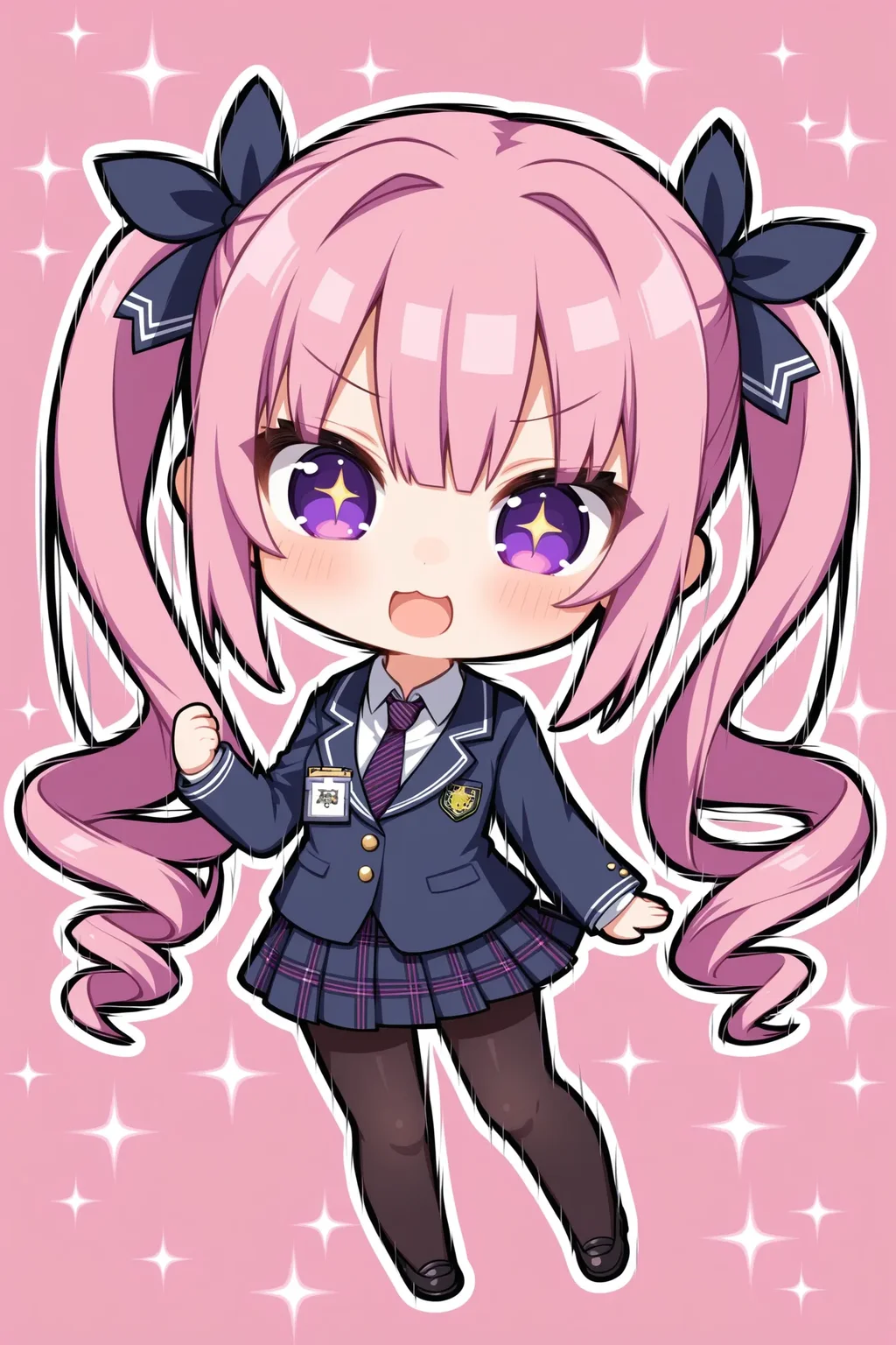 1girl, solo, chibi, drill hair, long hair, necktie, pantyhose, pink hair, purple eyes, school uniform, sparkle, twin drills, twintails