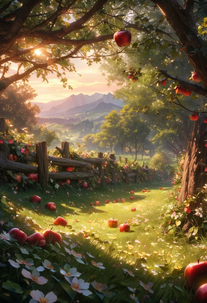 (best quality, 8k, high res, masterpiece:1.2), photorealistic, ultra-detailed, vibrant photography of a picturesque apple orchard at sunset. The trees are heavy with ripe, glistening apples in shades of red, green, and gold, their leaves a vibrant, healthy green. Sunlight filters through the branches, casting a warm, golden glow over the entire scene. Delicate apple blossoms still cling to some branches, adding a touch of soft pink and white to the landscape. The ground is covered with a lush carpet of grass and wildflowers, with fallen apples scattered about. A rustic wooden fence borders the orchard, and in the background, rolling hills and distant mountains are bathed in the warm, fading light of the setting sun. A gentle breeze rustles the leaves and carries the sweet scent of apples through the air. This idyllic scene captures the serene beauty and abundance of nature in exquisite detail. (dynamic angle, cinematic lighting, ethereal atmosphere:1.1), (extremely detailed:1.2), (vivid colors:1.3), (perfect composition:1.2), (sharp focus, stunning realism:1.2)