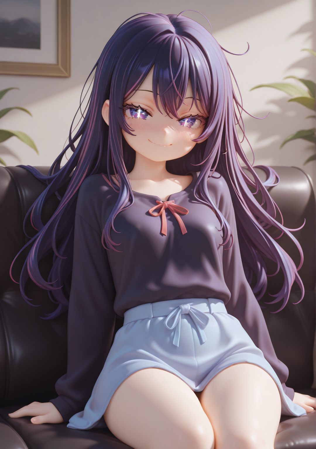 masterpiece,best quality,amazing quality,
1girl,<lora:half3dstyle:1>,half3dstyle,clothed,hoshino ai,smile,on couch,sitting,facing viewer,looking at viewer,