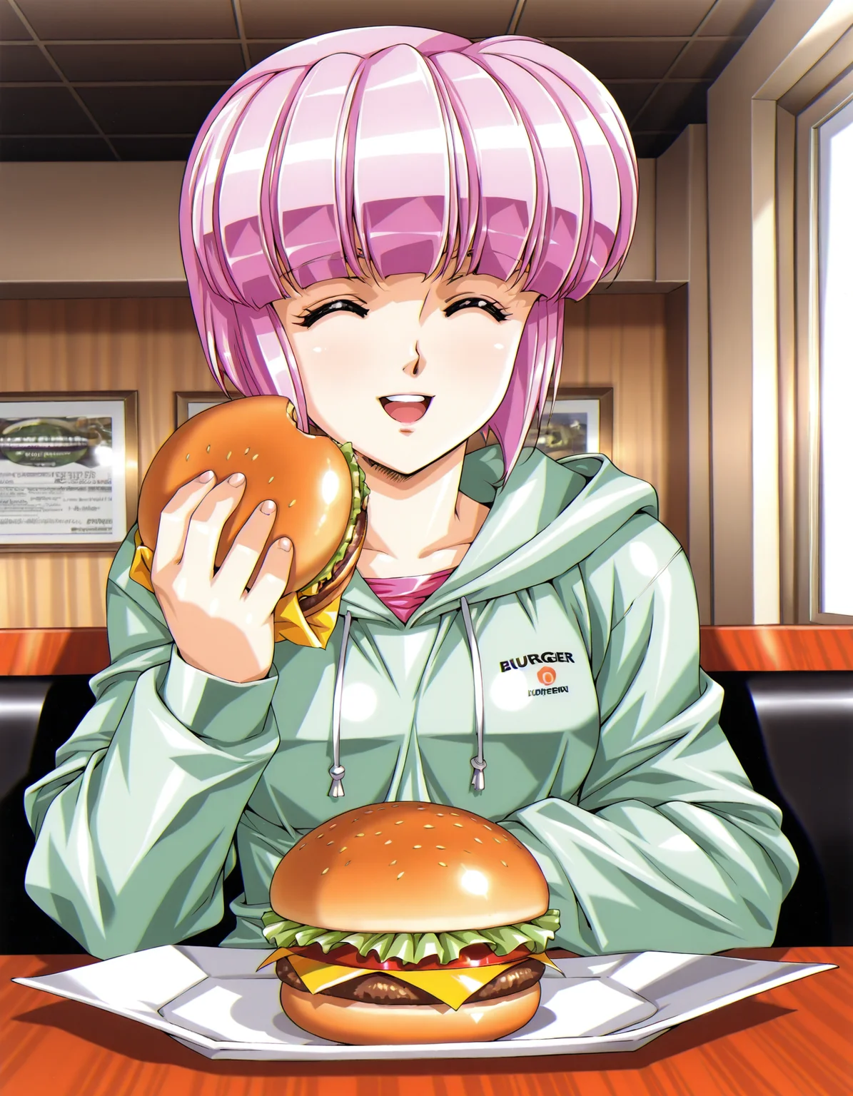 <lora:silverneil-illustrious-000072:1> diana silverneil, casual, hoodie
1girl, solo, upper body, happy, burger, indoors, restaurant
