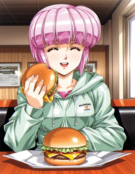 <lora:silverneil-illustrious-000072:1> diana silverneil, casual, hoodie
1girl, solo, upper body, happy, burger, indoors, restaurant