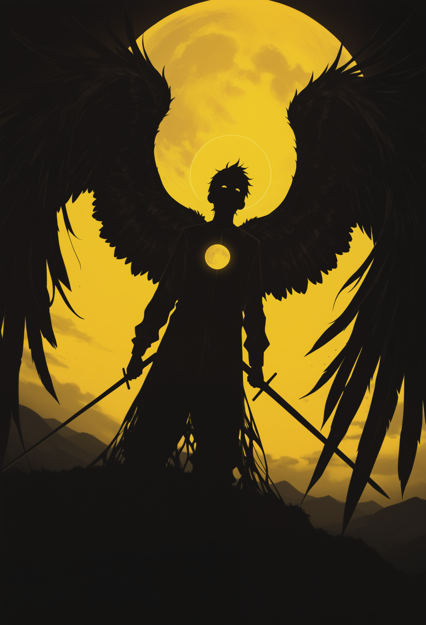 masterpiece, best quality, newest, highres, absurdres,focused subject,8k,HDR, solo, 1boy, holding, monochrome, weapon, wings, sword, holding weapon, holding sword, moon, yellow background, feathered wings, silhouette, chromatic aberration, dark theme,limited palette,from above,dutch angle, in the style of cksc,monmon2133,15546+456868,wat