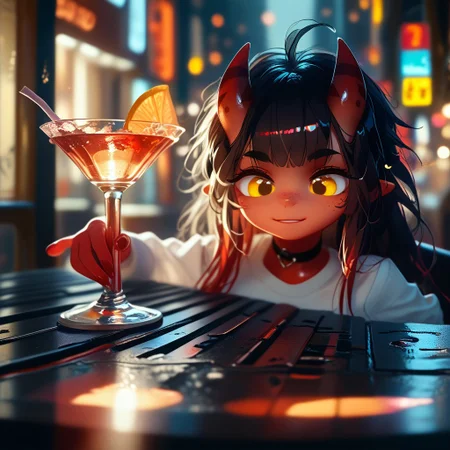 score_9, score_8_up score_7_up, score_6, BREAK masterpiece, high quality, perfecteyes, detailed background, depth of field, SkinDetail, cinematic lighting, shading, meruccubus, 1girl, 2d, red tail, horns, demon tail, long hair, black hair, choker, yellow_eyes, freckles, colored skin, red skin, demon_girl, flat chest, black outline, looking outside window, bottle, relaxing, holding glass cocktail, focus solo, on side, sitting window bench, long sleeves, white shirt, blue pants, shirt, indoors, building, interior, night sky, moon, city lights, city background, city theme, huge glass windows, smile