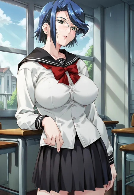 score_9, score_8_up, score_7_up, score_6_up, score_5_up, score_4_up, masterpiece, best quality, BREAK,
1girl, indoors, mansion, <lora:Koromogae_Touko_Boin:1> touko, glasses, blue hair female, short hair, large breasts, school uniform,