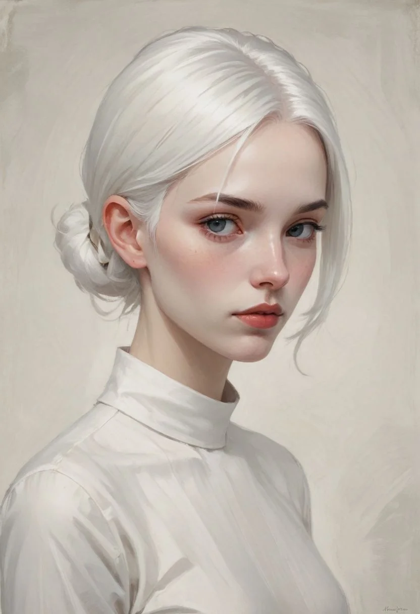 minimalist illustration, one woman, white hair, charming, captivating, minimalist, slender frame, detailed, headshot, painterly , style of malcolm liepke