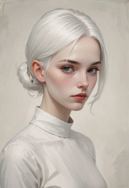 minimalist illustration, one woman, white hair, charming, captivating, minimalist, slender frame, detailed, headshot, painterly , style of malcolm liepke