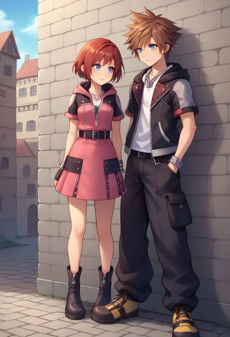 score_9, score_8_up, source_anime, highly detailed, 1girl, 1boy, upper body,
kairi, 1girl, blue eyes, zipper, jewelry, boots, dress, necklace, short hair, red hair, pink dress, zipper pull tab, pleated dress, short dress,
sora, fingerless gloves, 1boy, male focus, spiked hair, blue eyes, gloves, necklace, brown hair, hood, short sleeves,
outdoor, village,