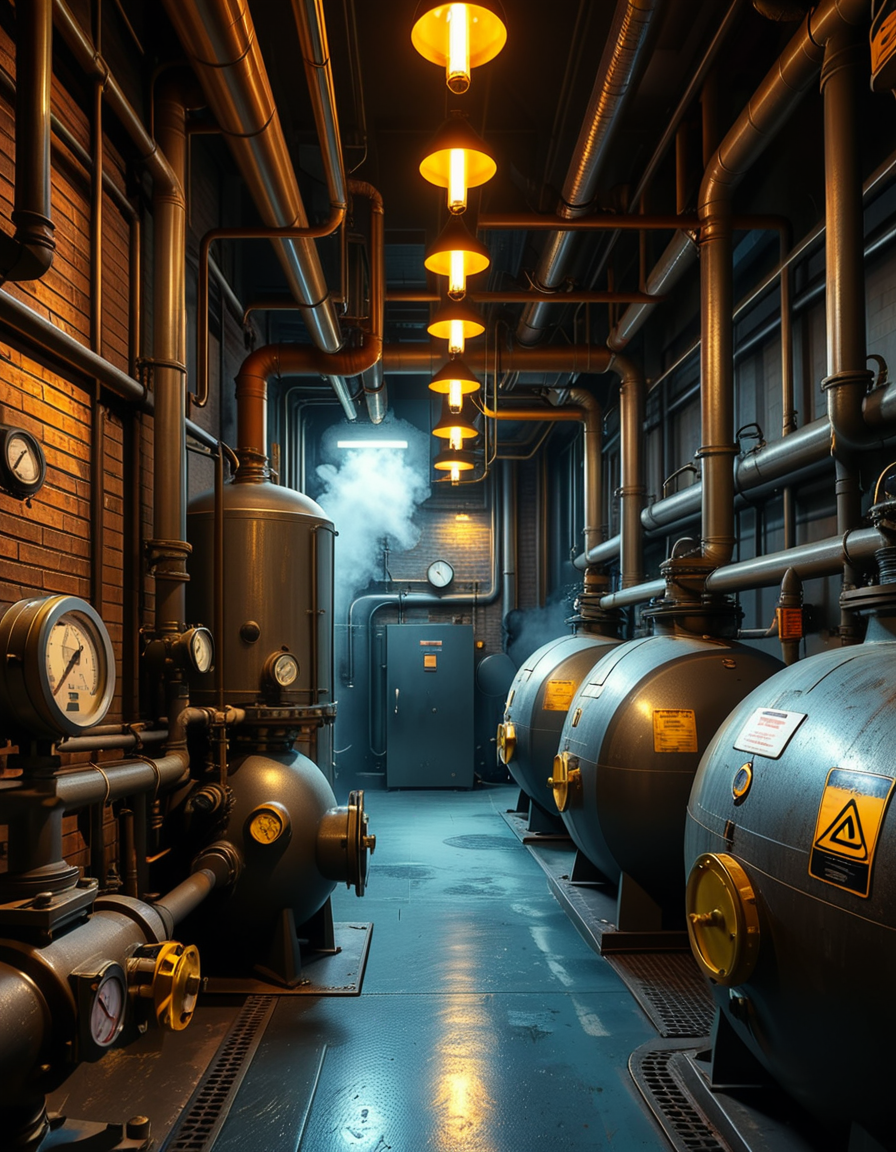 A highly detailed and realistic photograph of an industrial boiler room filled with large metal boilers, complex pipe systems, and pressure gauges. The room is dimly lit with a mix of warm yellow lighting from overhead industrial lamps and cool blue reflections from metallic surfaces. The air is slightly hazy with steam escaping from some of the pipes. The floor is made of reinforced concrete with visible stains from oil and water. Various control panels with blinking LED indicators and warning signs are mounted on the walls. The atmosphere is rugged and mechanical, evoking a sense of power and industrial efficiency. The depth of field is sharp, capturing intricate details such as rust on old pipes, the texture of the metal surfaces, and the labels on the control panels. The composition emphasizes symmetry, with pipes and machinery creating a structured, almost futuristic aesthetic. 
<lora:SDXLFaeTastic2400:0.4> <lora:extremely_detailed:0.4> extremely detailed,<lora:industrial_boiler_room:1>,industrial b01l3r r00m, Masterpiece,best quality,hi res,8k,hi res,8k,award winning,(sharp focus, intricate, highly detailed),