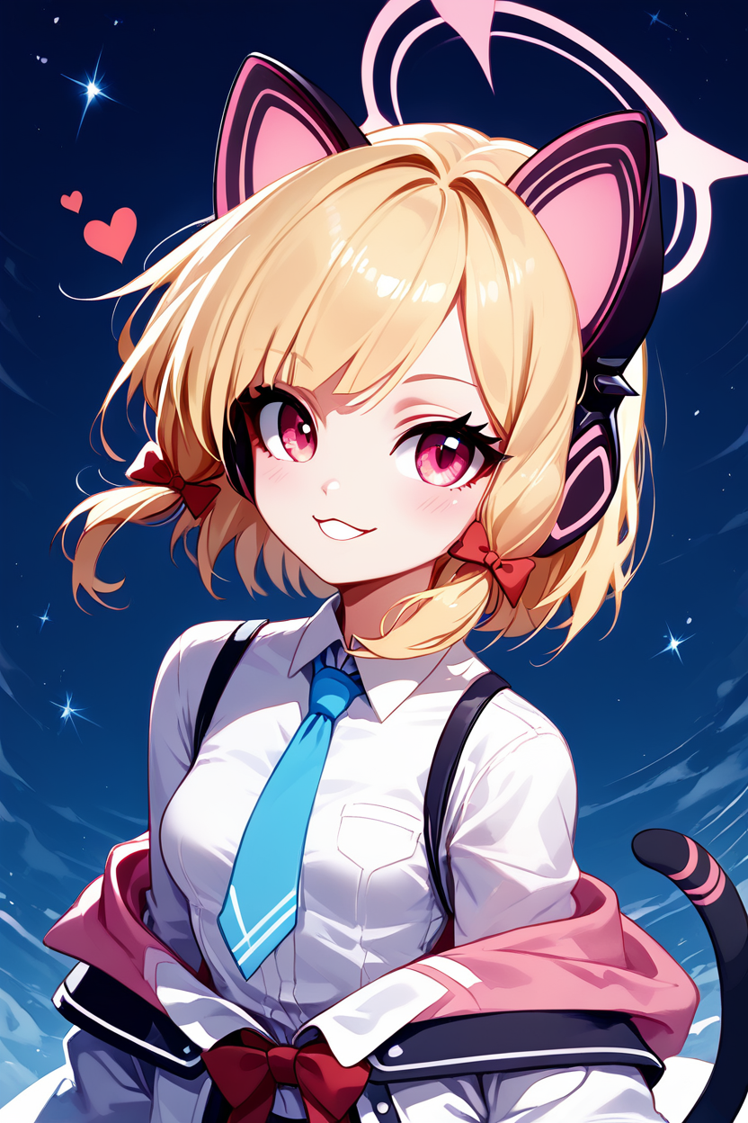 score_9, score_8_up, score_8, medium breasts, (curvy), cute, eyelashes,       BREAK, , ,,, zzMomoi, blonde hair, animal ears, fake animal ears, animal ear headphones, headphones, short hair, bow, halo, cat ear headphones, hair bow, red bow, pink eyes, pink halo, tail, cat tail, red eyes, collared shirt, long sleeves, pleated skirt,  white shirt, black skirt, blue necktie, white jacket, wide sleeves, black thighhighs, suspender skirt ,<lora:Momoi_BlueArchive_PDXL:0.8>,    ,,,, BREAK, ,,, upper body, smile, looking at viewer, ,,, shiny skin, <lora:ProAnime_PDXL_v1:0.8>, night, soft shadows, moonlight reflecting off skin, whisper of wind, ,,, embedding:zPDXL, Expressiveh, <lora:SDXLFaeTastic2400:0.5>, <lora:Expressive_H-000001:0.4>,