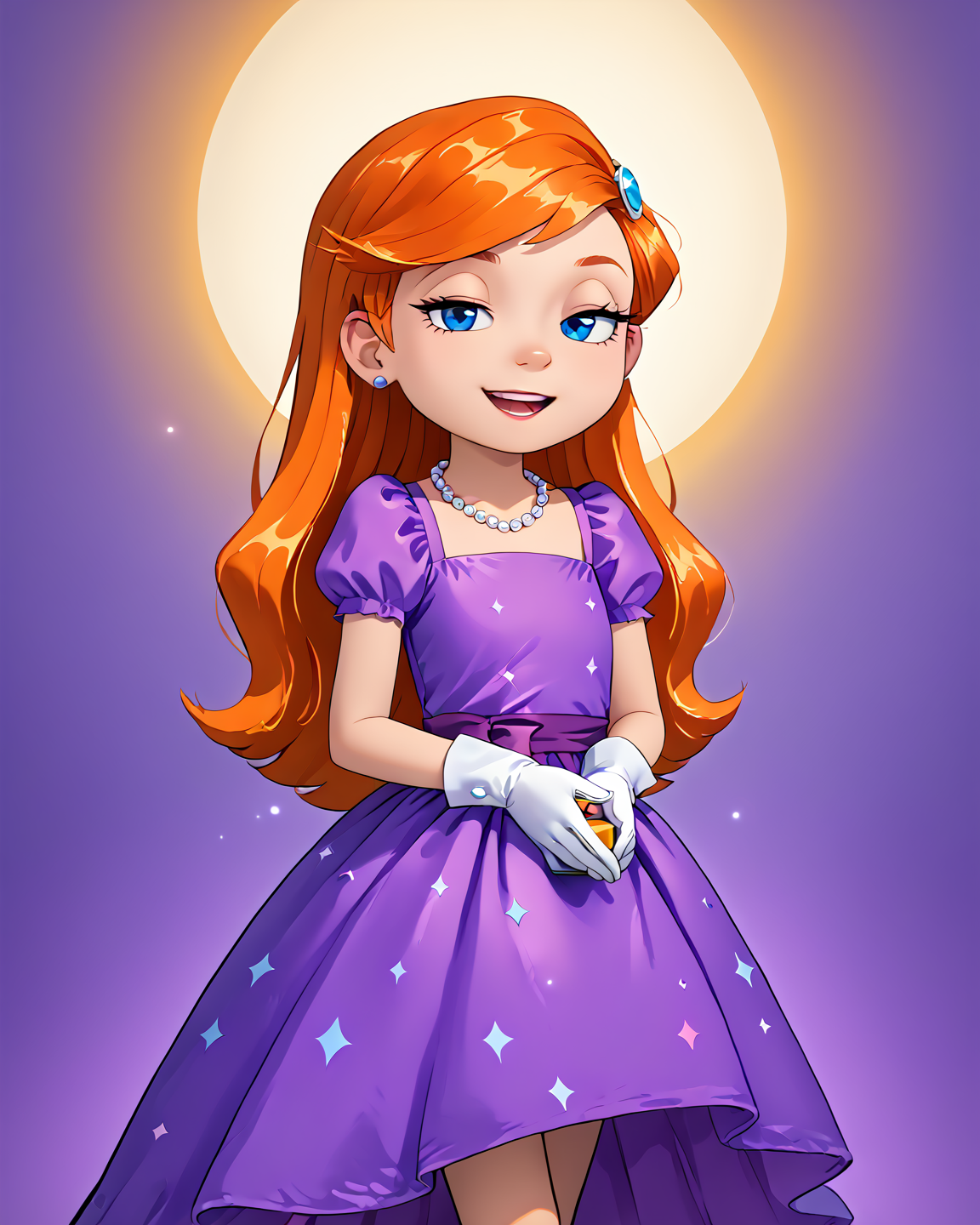score_9, score_8_up, score_7_up, masterpiece, best quality, newest, absurdres, highres, amazing quality, colorful,
masterpiece, best quality, absurdres, newest, very aesthetic, amazing quality,highres,sensitive, absurdres, high resolution, ultra detailed, perfect details,
source_cartoon,   toon (style), (cartoon:1.0), source_carton:1.1, rating:safe, dynamic pose, 
detailed,detailed eyes,perfect eyes,detailed,detailed hands,perfect hands,detailed,detailed legs,perfect hands, 1girl, solo, 
<lora:pony_good_hands:1>, good hands,
<lora:hoshime_style:0.6> , Hoshime_Style, petite,
<lora:Riley_Daring_Pony:0.8> ,Riley_Daring, purple dress, pearl necklace, jewelry, white gloves, blue eyes, orange hair, long hair, open mouth, hair ornament, teeth, smile, half-closed eyes,