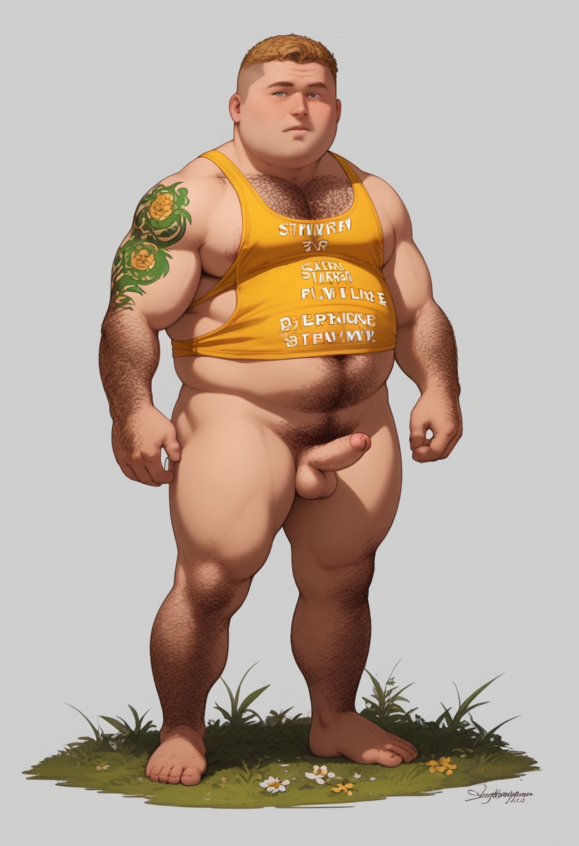 score_9, score_8_up, score_7_up, score_6_up, score_5_up, score_4_up, 1boy, male focus, masculine, a chubby guy posing, belly, full body pose, green tattoo, lots of tattoos, singlet, long pink stockings, lace, elaborate yellow harness, yellow skin, very tiny penis, tiny testicles, outdoor