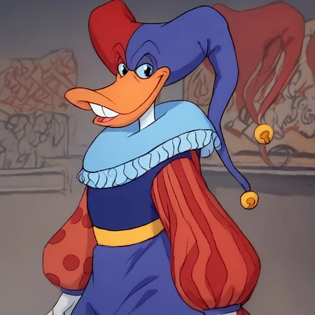 score_9,score_8_up,score_7_up,score_6_up,best quality,masterpiece, background toystore, toy shop, 1boy, solo, BREAK Quackerjack, trunk hose, ruff collar, puffy sleeves, right striped sleeve, left dotted sleeve, looking at viewer, jester cap
