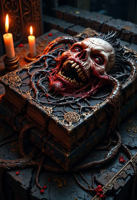 Cinematic photo, medium close up of a twisted, ancient book resembling the Necronomicon, with a leather-bound cover made of human skin, grotesquely stretched and wrinkled. The front features a disfigured, tormented face with deep-set hollow eyes, snarling mouth, and jagged teeth, evoking a sense of malevolent horror. The face on the cover appears alive, twisted in agony, with veins bulging and subtle movements, as if screaming from within. Blood-like cracks run along the skin, with oily black fluid seeping out. The book lies on an altar of jagged stone, surrounded by arcane symbols carved into the floor, illuminated by flickering candlelight. The shadows create intense contrast, heightening the eerie, oppressive atmosphere. The texture of the skin is hyper-realistic, slimy and decayed, adding to the grotesque feel. The colour palette is dominated by muted reds, blacks, and ashy greys, with highlights of flickering orange from the candle flames. Inspired by dark fantasy and horror, with a hyper-detailed, photorealistic finish. The lighting is dramatic, casting hard shadows and creating a menacing aura around the book.
