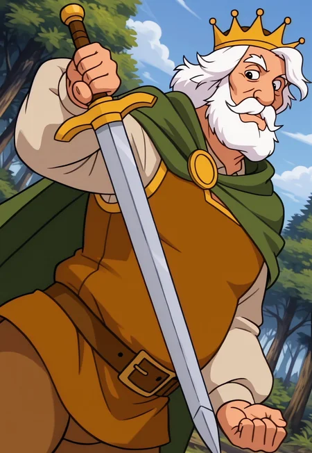 masterpiece, best quality, amazing quality, KingGregor, medium hair, white hair, black eyes, beard, mustache, mature male, muscular, fat, crown, green cape, cotehardie, puffy long sleeves, brown belt, brown leggings, looking at viewer, smile, dynamic pose, detailed background, dutch angle, upper body, cowboy shot, forest, trees, holding a sword, blue sky, clouds, gust of wind, fighting stance,